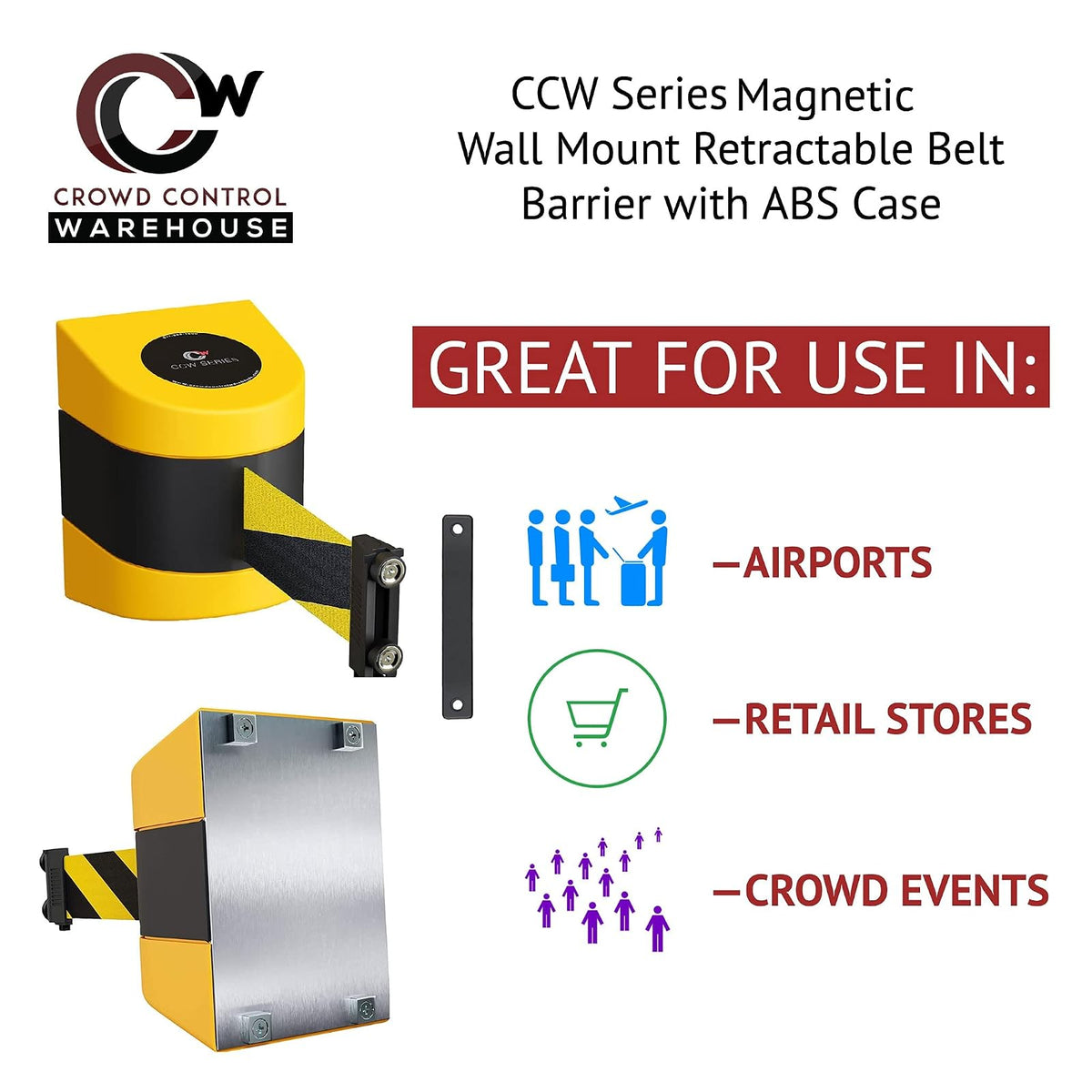 Crowd Control Warehouse WMB-230 Barrera Magnética Retráctil Montaje Pared Negro Amarillo 30 Pies