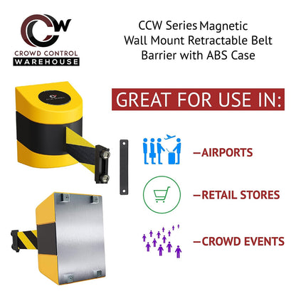 Crowd Control Warehouse WMB-230 Barrera Magnética Retráctil Montaje Pared Negro Amarillo 30 Pies
