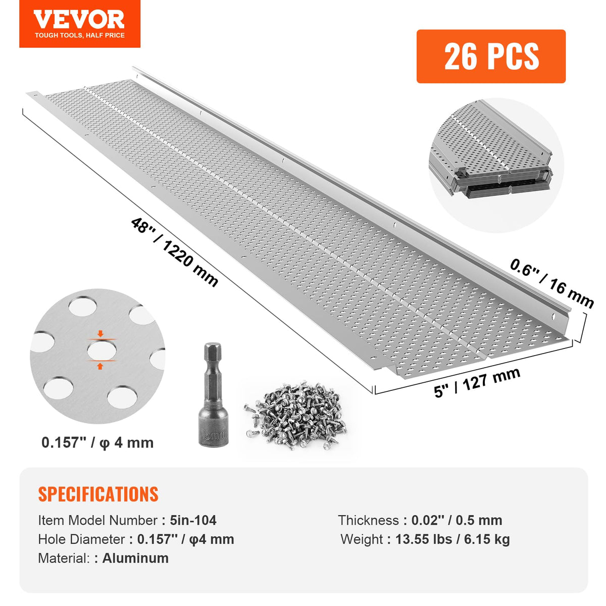 VEVOR, 5 pulgadas de ancho, 2 hojas de aluminio, 26 piezas de 100 pies, longitud total de 0.157 pulgadas de diámetro del agujero y 0.02 pulgadas de grosor, protectores de canalón Raptor 2, plateado