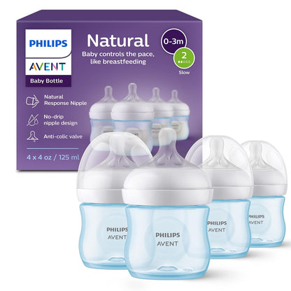 Philips Avent Biberón Natural Response, Flujo Lento, 4 Oz - Azul - 118 ml (Pack of 4) - 4 onzas (paquete de 4) - 4 onzas