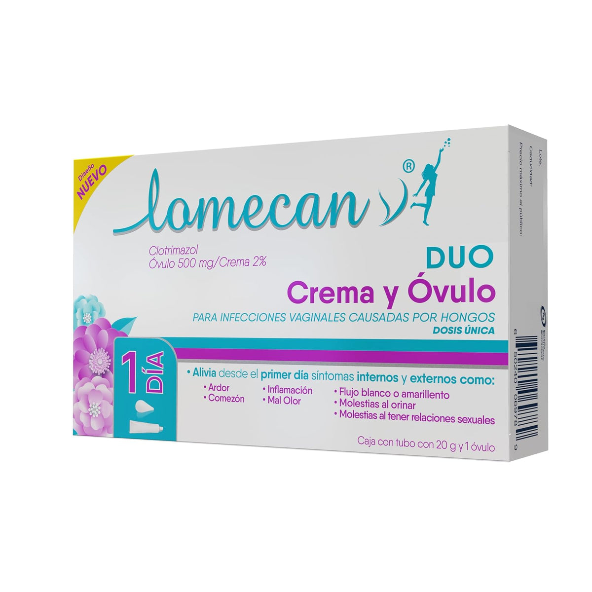 LOMECAN V - Dúo, crema y óvulo. Tratamiento para infecciones cervicovaginales que alivia inflamación, comezón y ardor desde la primera aplicación. Caja con tubo 20g y 1 óvulo.