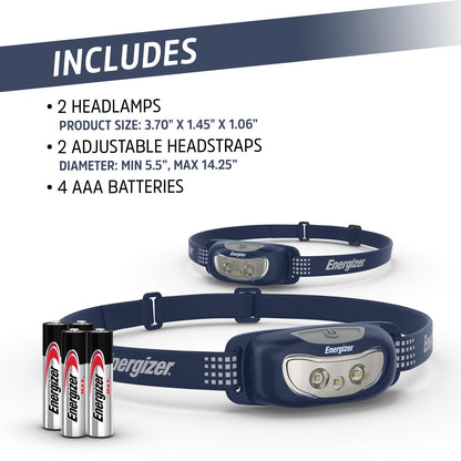 Energizer Universal+ - Faros delanteros LED (2 unidades), IPX4 resistentes al agua, luz de cabeza brillante para exteriores, camping, correr, tormenta, luz LED de supervivencia para emergencias