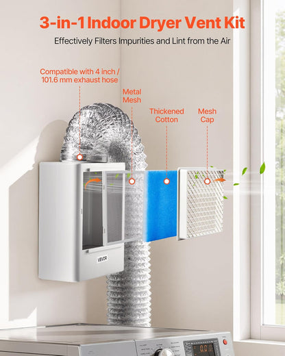 VEVOR Kit de Ventilación para Secadora Interior 3 en 1, a Un Puerto de Escape 99 mm, con Recordatorio Inteligente de Sobrecalentamiento, Campana Extractora, Tapa de Malla y Purificador Multicapa