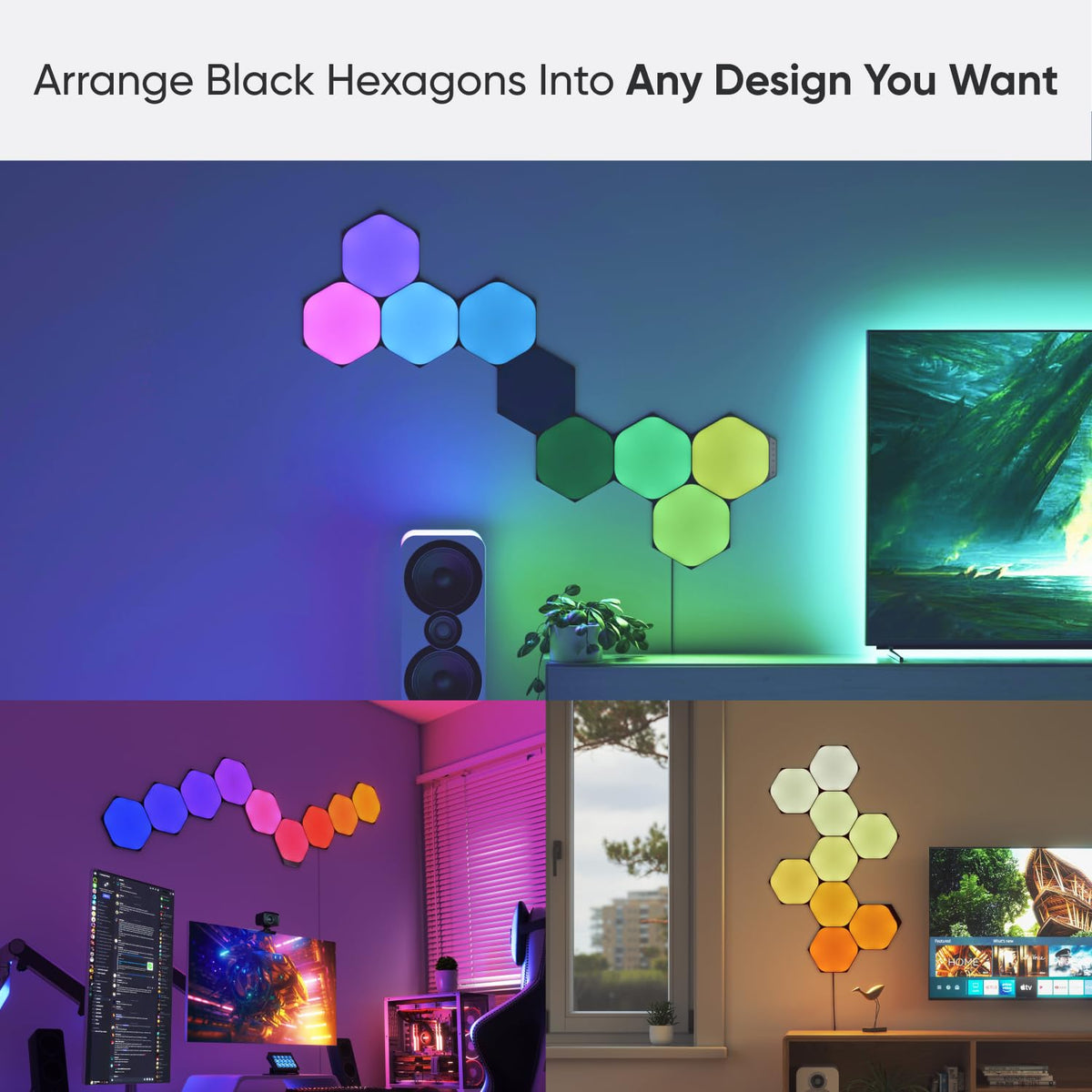 NANOLEAF SHAPES Hexagon Black 9-Pack Starter | Compatible con Alexa, decoración de pared para el hogar para sala de estar con sincronización de música, kit más inteligente