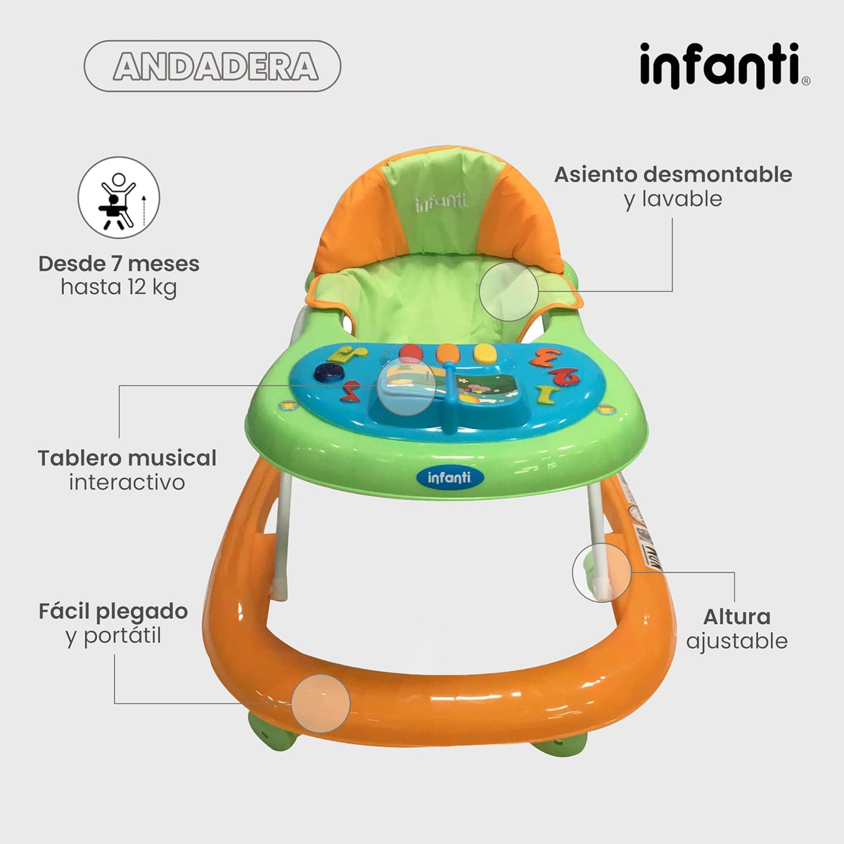 INFANTI | Andadera para Bebé MY LITTLE STEPS | Facil Plegado con 3 Alturas Ajustables | Color Naranja