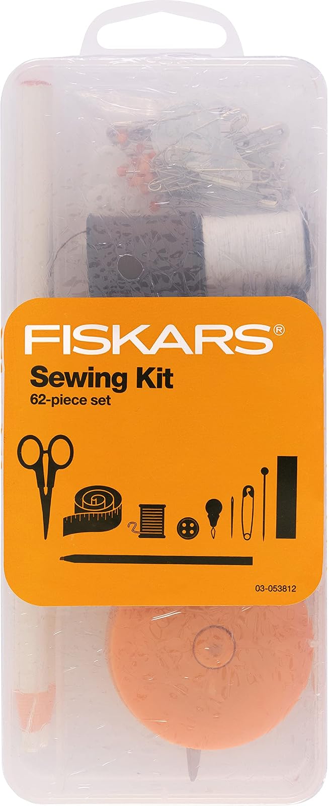 Fiskars - Kit de costura con tijeras, cinta medidora, alfileres, hilo y más, juego de 62 piezas con funda, suministros para manualidades, transparente