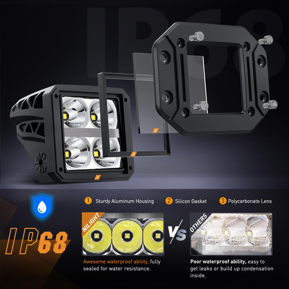 Nilight - Luces LED de montaje empotrado con ámbar DRL 2 piezas de haz de punto de 4.8 pulgadas, 20 W, 2510 lm, luz de conducción todoterreno de respaldo inverso, kit de cableado de 16 AWG, para