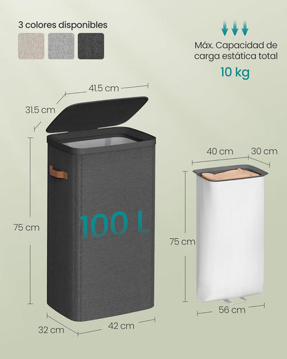 SONGMICS Cesto para la Ropa Sucia de 100 L, Bolsa de Basura, Bolsa Extraíble, Fácil Montaje, con Asas, 42 x 32 x 75 cm Negro Tinta MLCB811BH01