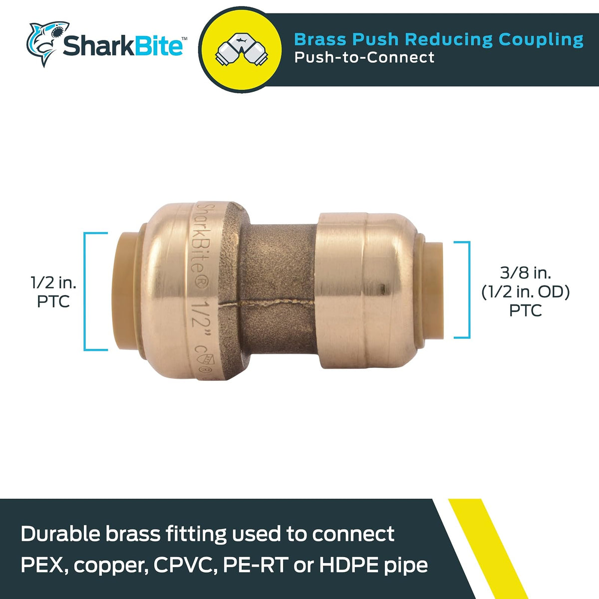 SharkBite - Acoplamiento reductor de 3/8 pulgadas (diámetro exterior de 1/2 pulgadas) x 1/2 pulgadas, ajuste de fontanería de latón, tubería PEX, cobre, CPVC, PE-RT, HDPE, U009LFA