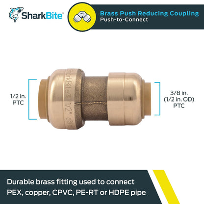 SharkBite - Acoplamiento reductor de 3/8 pulgadas (diámetro exterior de 1/2 pulgadas) x 1/2 pulgadas, ajuste de fontanería de latón, tubería PEX, cobre, CPVC, PE-RT, HDPE, U009LFA