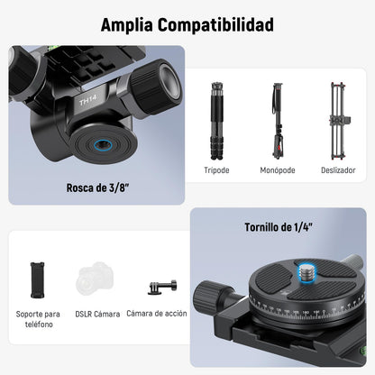 NEEWER Cabezal Trípode con Engranaje Bidireccional Microajuste Milimétrico Pan Tilt Head Aleación Aluminio, 360° Placa Panorámica Arca QR Compatible con Sony Canon Nikon DSLR, Carga Máx 13.2lb, TH14