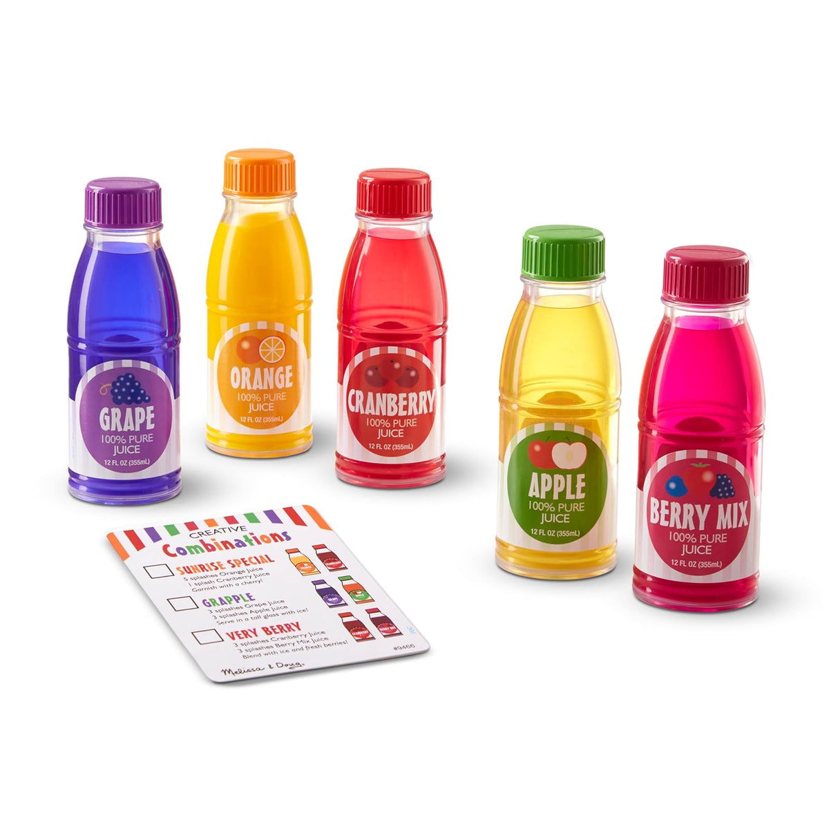 Melissa & Doug Tip & Sip - juguete de botellas de jugos y tarjeta de actividades (6 pzas.)