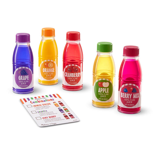 Melissa & Doug Tip & Sip - juguete de botellas de jugos y tarjeta de actividades (6 pzas.)