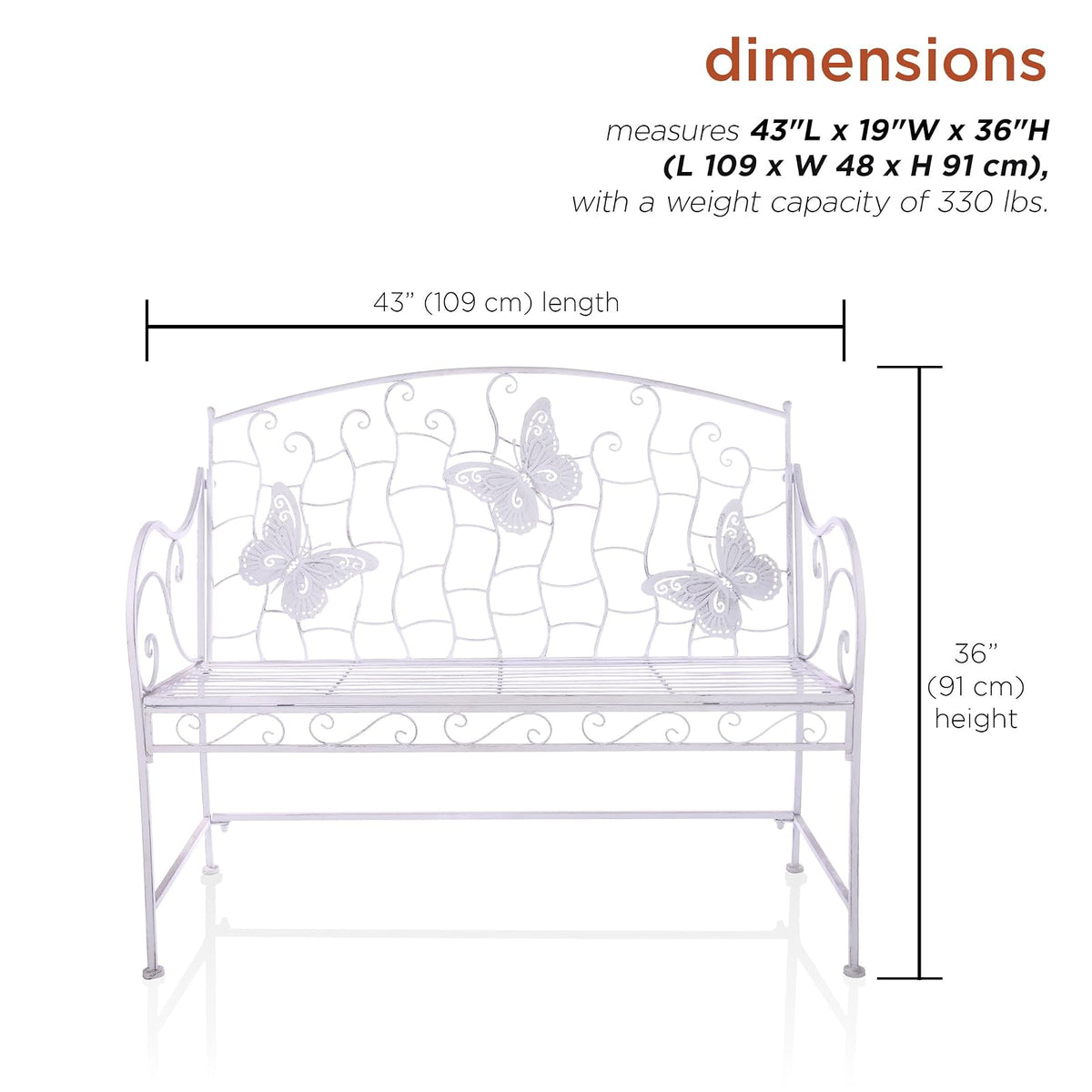 Alpine Corporation 43" L Indoor/Outdoor 2-Person Metal Garden Bench with Butterfly Backrest, White