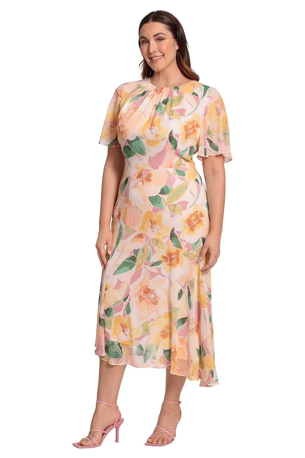 Maggy London - Vestido de Manga Corta con vuelos y Acampanados para Mujer con Dobladillo asimétrico