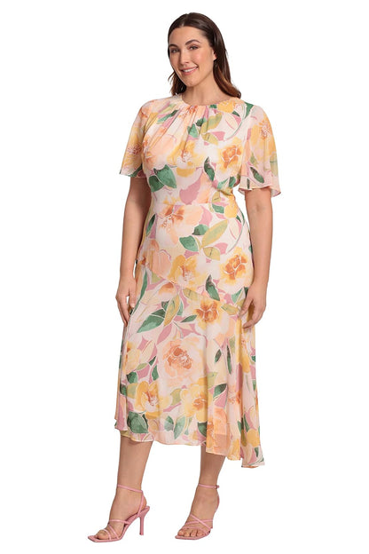 Maggy London - Vestido de Manga Corta con vuelos y Acampanados para Mujer con Dobladillo asimétrico