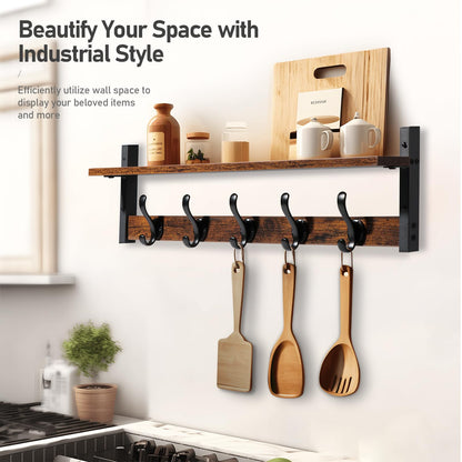 Tatub - Perchero rústico de 29 pulgadas con estante, ganchos de pared de entrada con estante, perchas para baño, sala de estar, recámara, color negro rústico