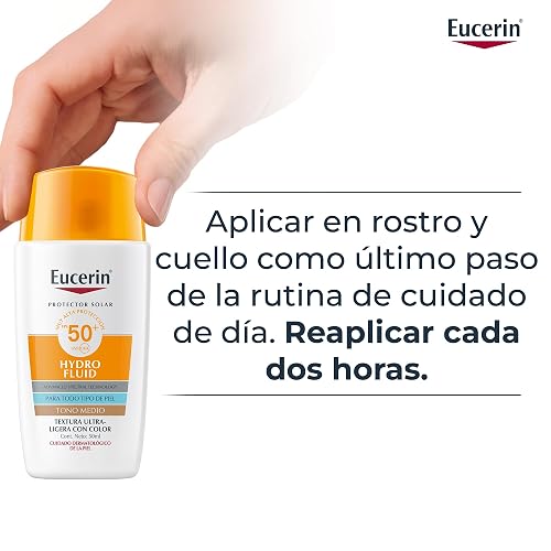 Eucerin Sun Face Hydro-Fluid FPS 50 + Tono Medio 50ml Protector Solar Facial con Color, textura ligera, suave y refrescante. Rápida absorción sin sensación grasosa o pegajosa