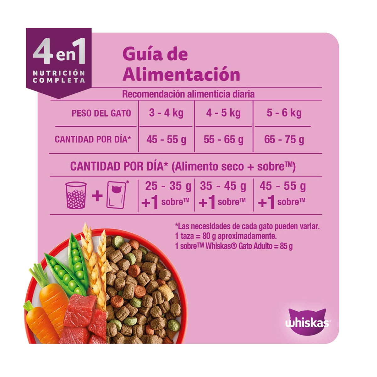 Whiskas Alimento Seco para Gatos Adultos 4 en 1, 100% Nutrición Completa y – Sabor Pescado 3kg