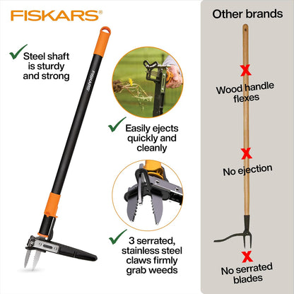 Fiskars - Herramienta de extracción de malezas de pie de 3 Garras, Herramienta de deshierbe Manual con Mango ergonómico de 39 Pulgadas de Largo con Mecanismo de fácil expulsión
