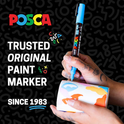 Posca Plumones PC-5M Puntas Medias Juego De 16 Piezas | Basicos, 1.8-2.5 mm, Multi Superficies, Tinta No Toxica