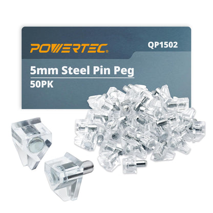 POWERTEC Clavijas de Soporte para Repisa, Acero Inoxidable con Placa de Níquel - Paquete de 50 - Plastic Support, Clear, 5 mm