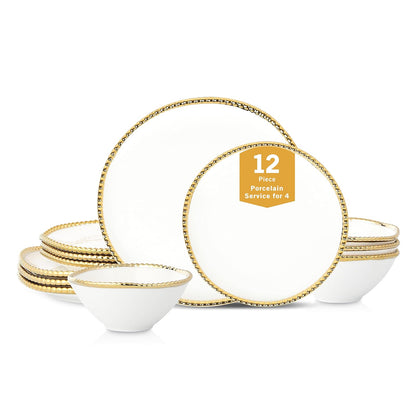 Christian Siriano Akoya - Juego de vajilla de porcelana, 12 piezas, juego de platos para 4, platos y cuencos, blanco y dorado