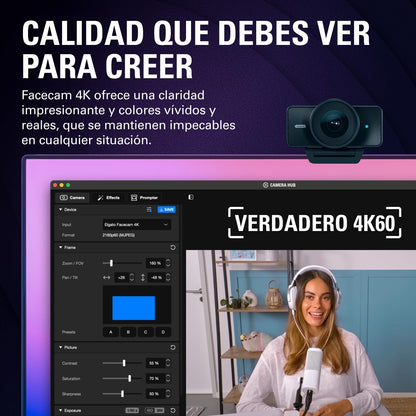Elgato Facecam 4K, cámara web de estudio 4K60 | Sony-STARVIS-2 - Filtro de lente de 49 mm, sin comprimir, HDR, respetuoso con el medio ambiente, USB-C