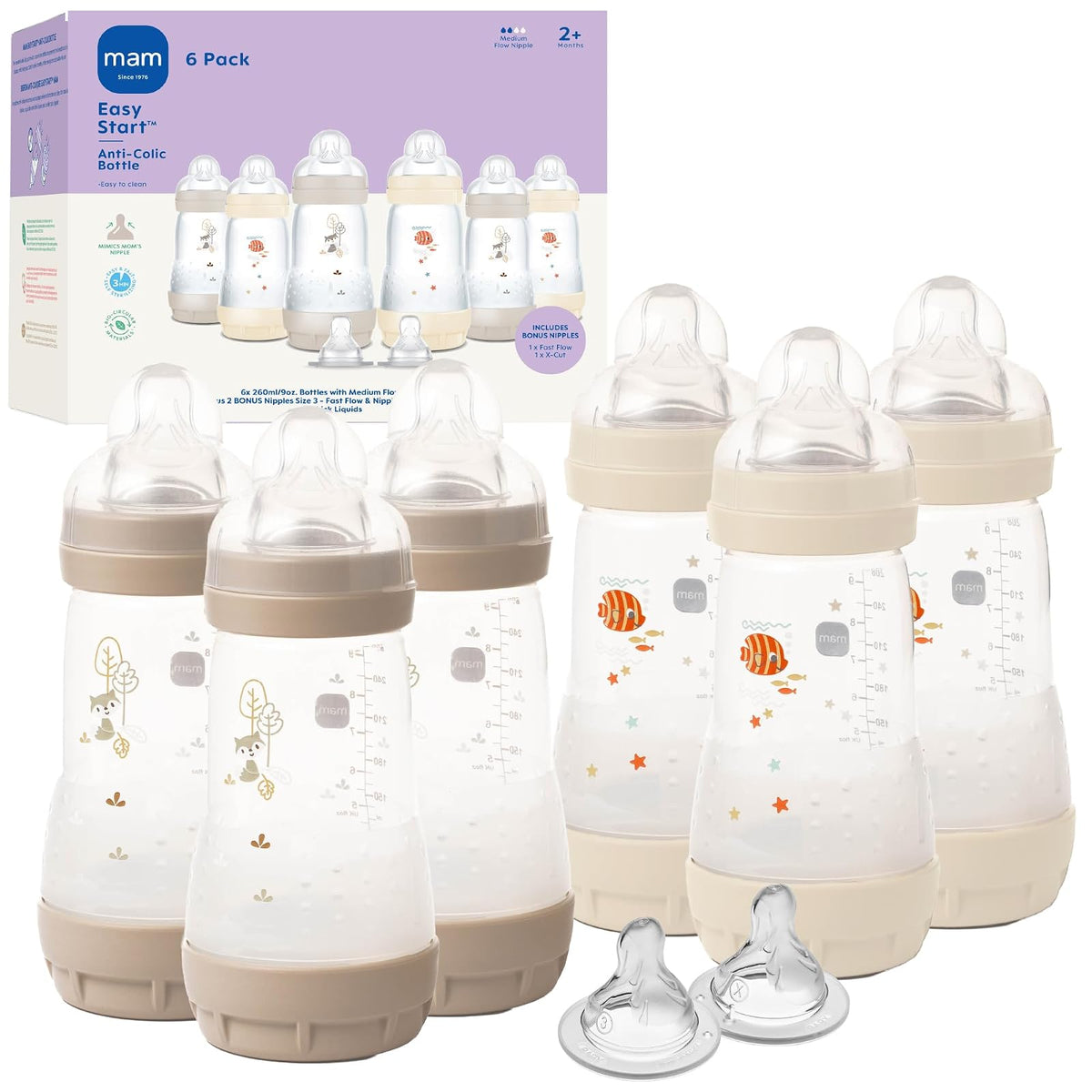 MAM - Biberones anticólicos de fácil inicio de 9 onzas, flujo medio con 2 pezones adicionales (flujo rápido y extra rápido), reduce los cólicos, gas y reflujo, fáciles de limpiar, sin BPA, 2 meses más