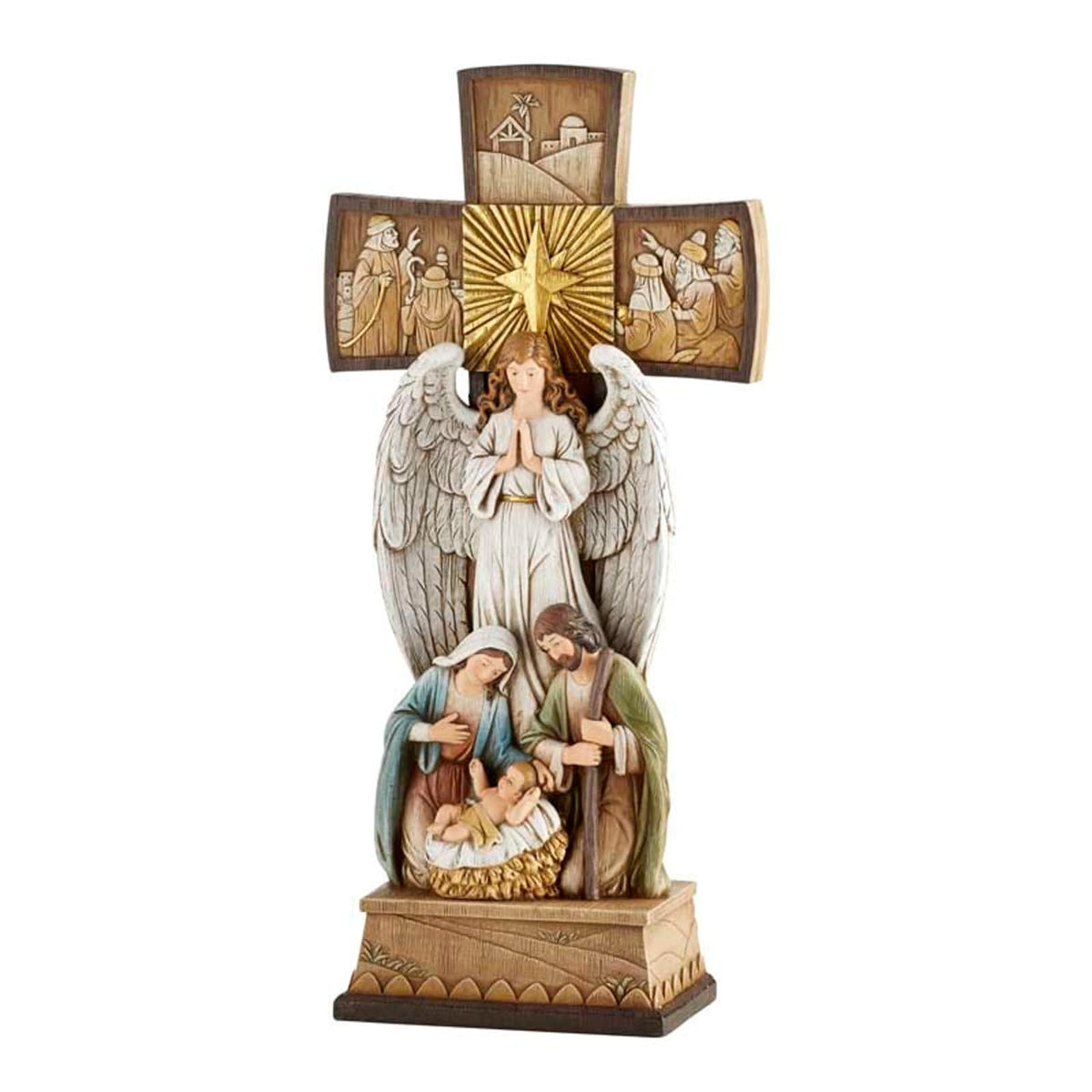 Avalon Gallery - Figuritas de Navidad - Figura de Centro de Mesa de Cruz de pie de Joseph Mary con Jesús y Ángel, 14 Pulgadas, Cruz de Natividad
