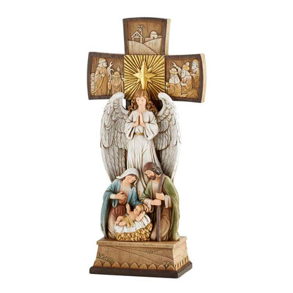 Avalon Gallery - Figuritas de Navidad - Figura de Centro de Mesa de Cruz de pie de Joseph Mary con Jesús y Ángel, 14 Pulgadas, Cruz de Natividad
