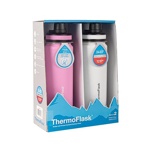 ThermoFlask - Juego de 2 botellas de agua con aislamiento al aspiradora de doble pared, 24 onzas, color fresa/blanco ártico