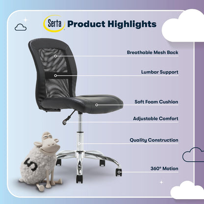Serta Essentials Ergonomic Armless Low-Back Computer Swivel Task Chair, Faux Leather and Mesh, Black