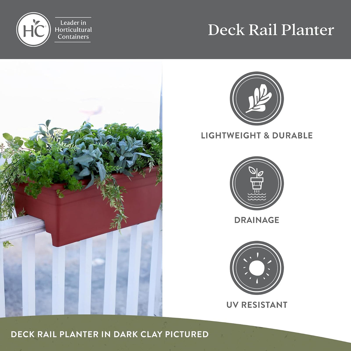 The HC Companies - Caja para macetas de 24 pulgadas con tapón de drenaje, macetas ligeras de plástico resistente a los rayos UV, 1 paquete de caja de flores para jardín, patio, balcón y cerca, gris