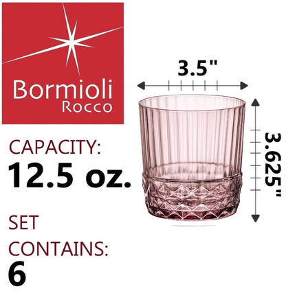 Bormioli Rocco '20s - Juego de 6 vasos DOF, vidrio de vidrio de colores de 12 onzas, rosa lila, fabricado en Italia