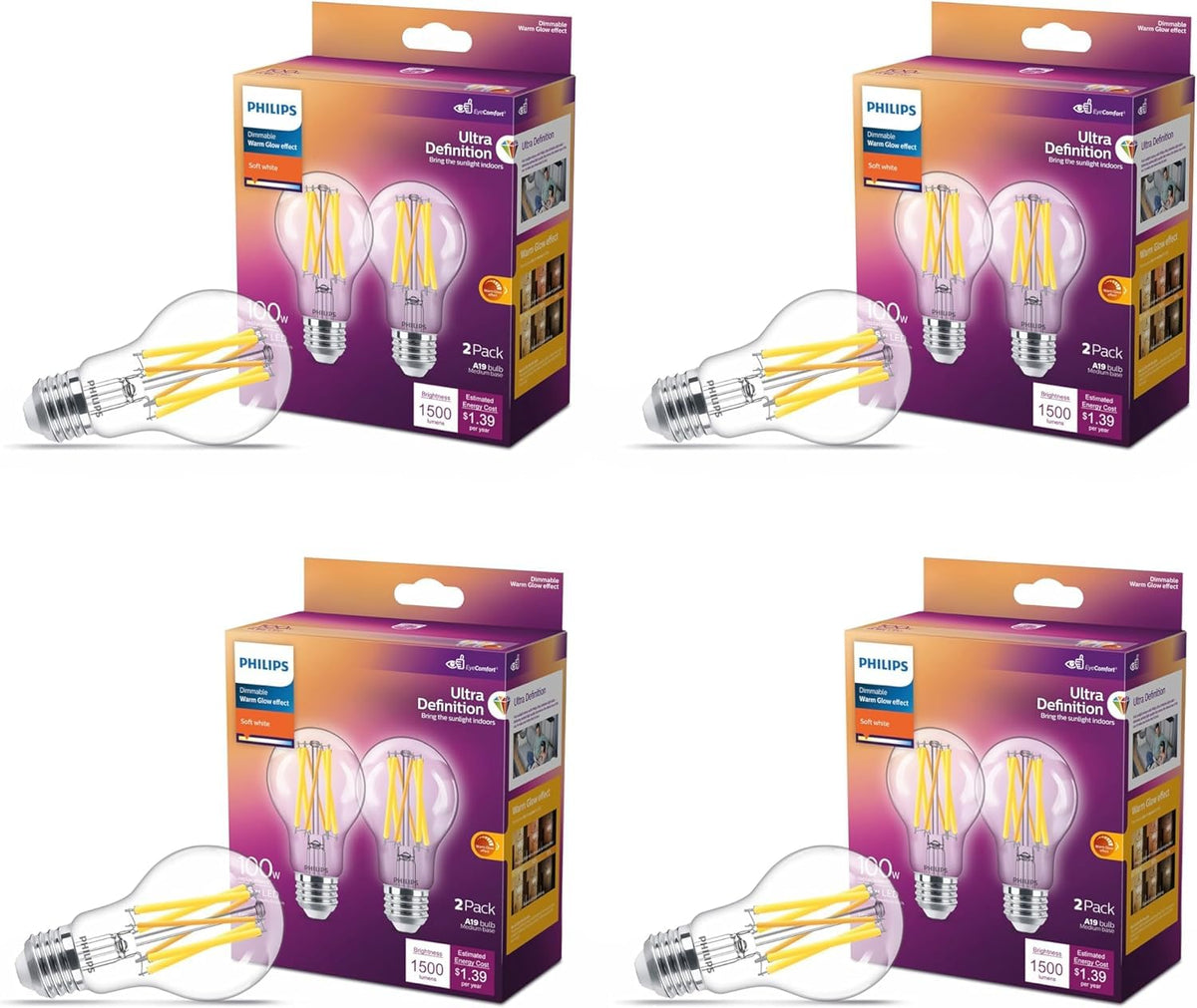 Philips foco LED A19 sin parpadeo transparente regulable, tecnología EyeComfort, 800 lúmenes, blanco suave (2700 K), 8 W = 60 W, base E26, certificado por título 20, ultra definición, interior,