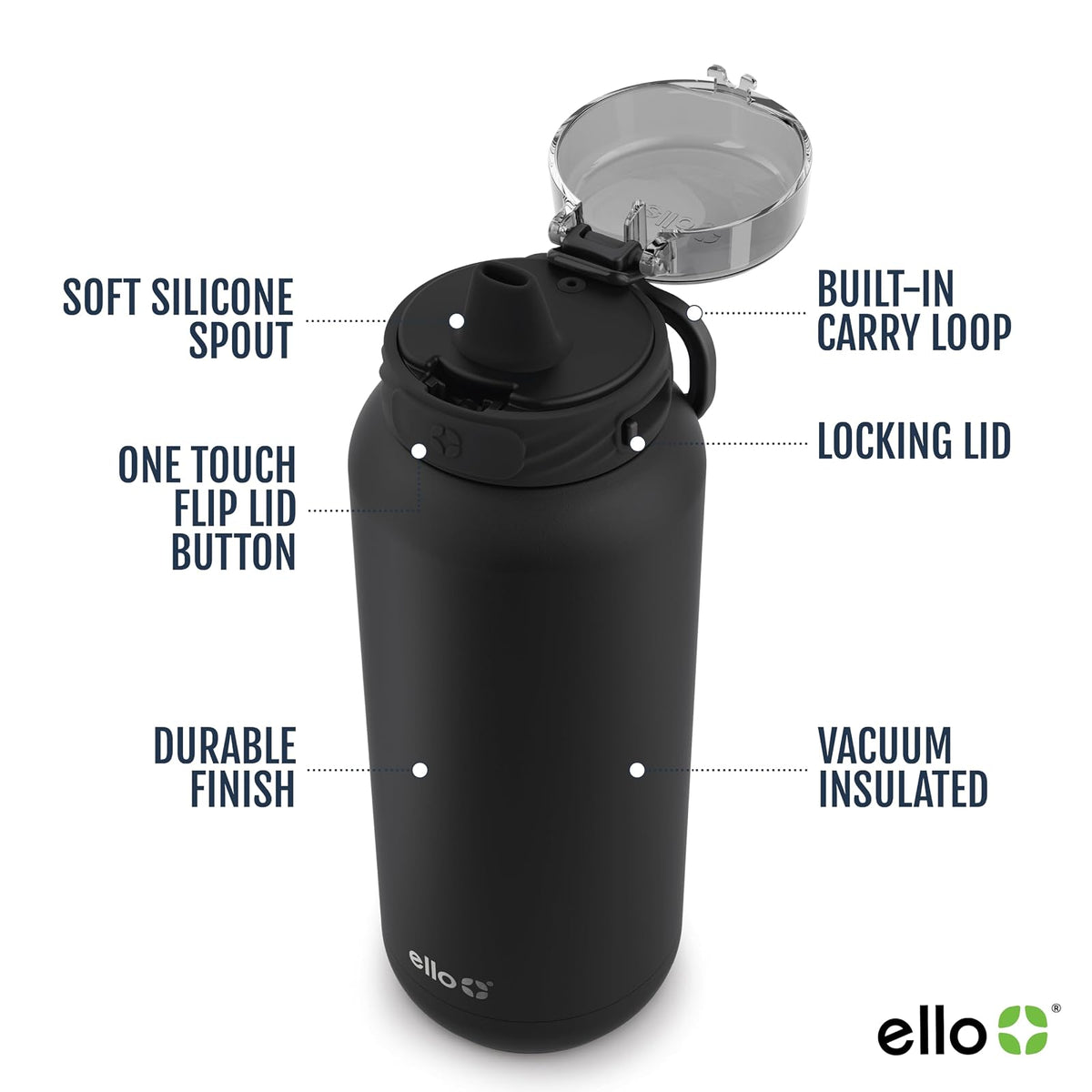 Ello Cooper - Botella de agua de acero inoxidable de 32 onzas con popote y asa de transporte, doble pared y metal aislado al aspiradora, tapa de bloqueo a prueba de fugas con boquilla de silicona