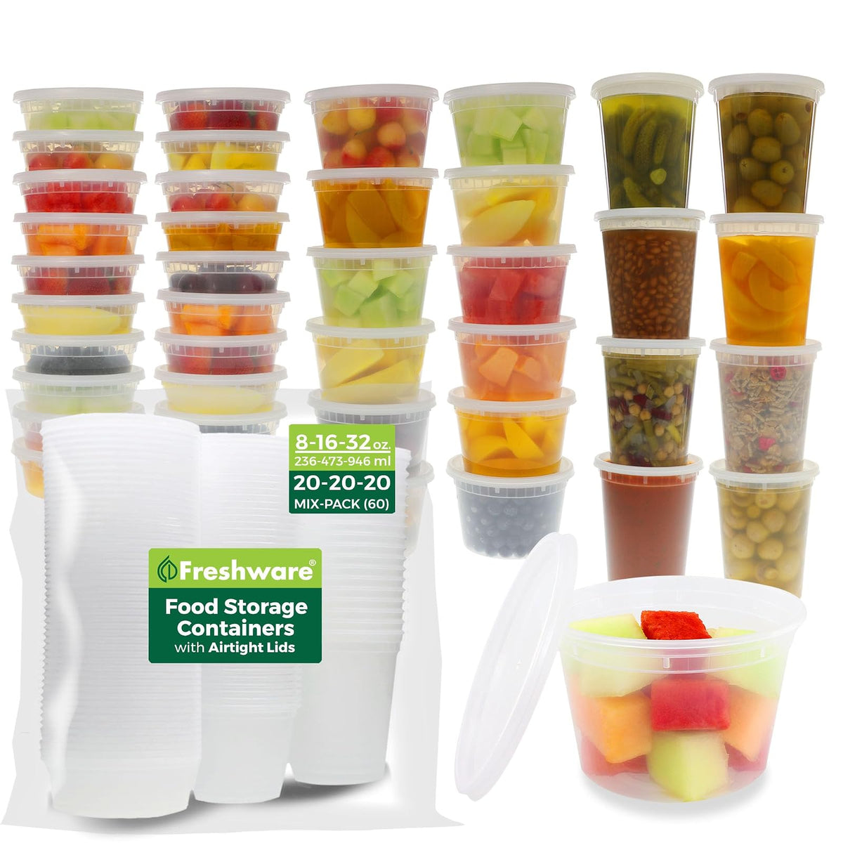 Freshware Recipientes de Almacenamiento de Alimentos | 60 paquetes, 8 16 32 oz, 20 juegos, tapas, plástico, delicatessen, preparación comidas