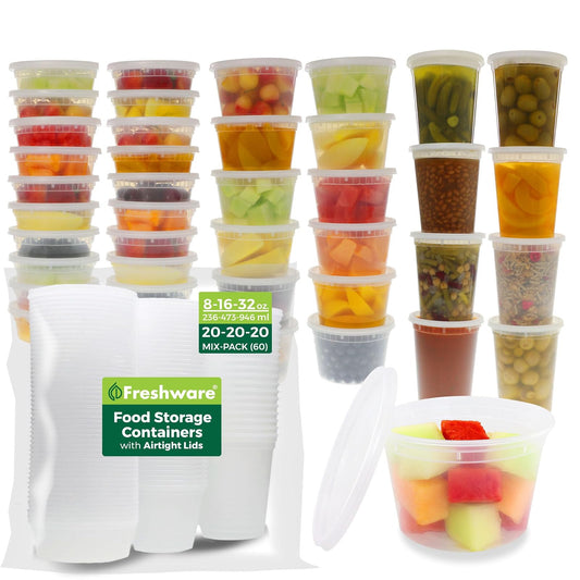 Freshware Recipientes de Almacenamiento de Alimentos | 60 paquetes, 8 16 32 oz, 20 juegos, tapas, plástico, delicatessen, preparación comidas