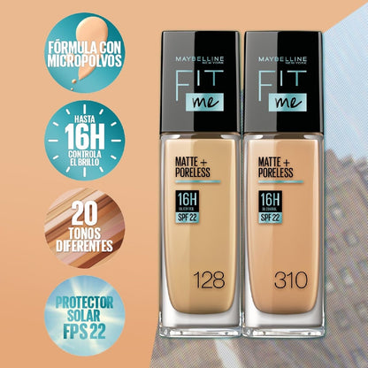 Maybelline Base de Maquillaje Líquida Fit Me Matte & Poreless, 228 Soft Tan, 30 ml, matifica y controla brillo por 16h, minimiza la apariencia de poros, arrugas y líneas de expresión