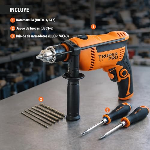 TRUPER COMBOR-1/2A7, Combo rotomartillo/destornillador 1/2" 650W con 8 accesorios