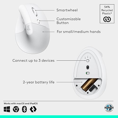 Logitech Lift Mouse Ergonómico Vertical, Inalámbrico, Bluetooth o Receptor Logi Bolt USB, clics Silenciosos, 4 Botones, Compatible con Windows/macOS/iPadOS, Laptop, PC - Blanco