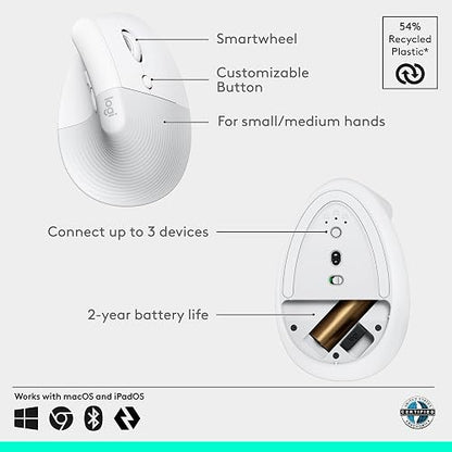 Logitech Lift Mouse Ergonómico Vertical, Inalámbrico, Bluetooth o Receptor Logi Bolt USB, clics Silenciosos, 4 Botones, Compatible con Windows/macOS/iPadOS, Laptop, PC - Blanco