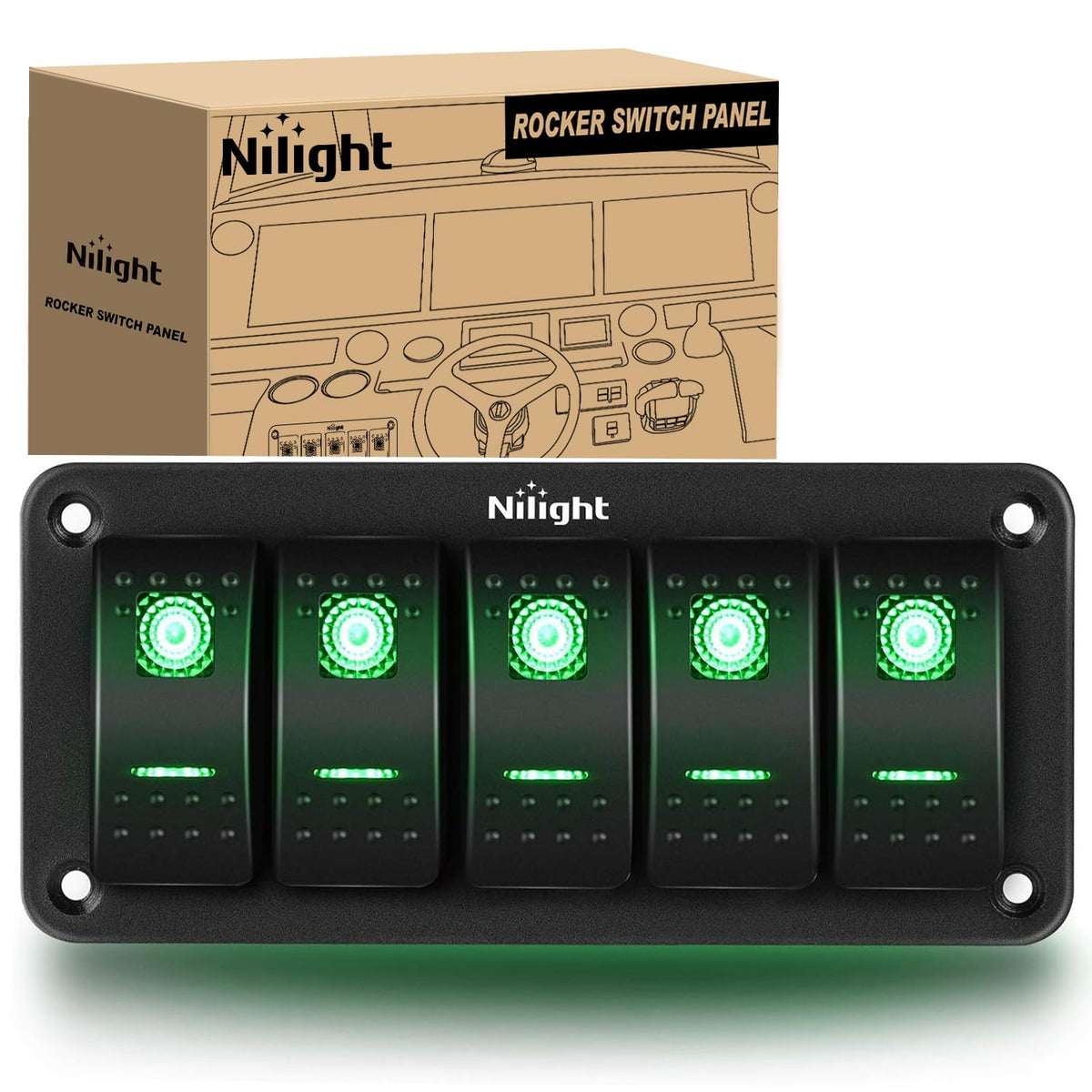 Nilight Panel de Interruptor 5 Bandas, 12V-24V, Aluminio, Precableado, Retroiluminado Verde