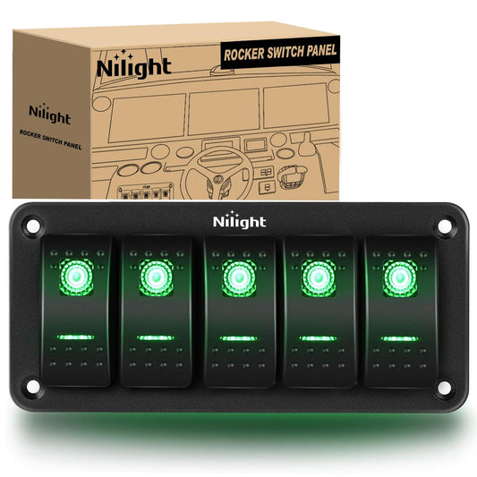 Nilight Panel de Interruptor 5 Bandas, 12V-24V, Aluminio, Precableado, Retroiluminado Verde