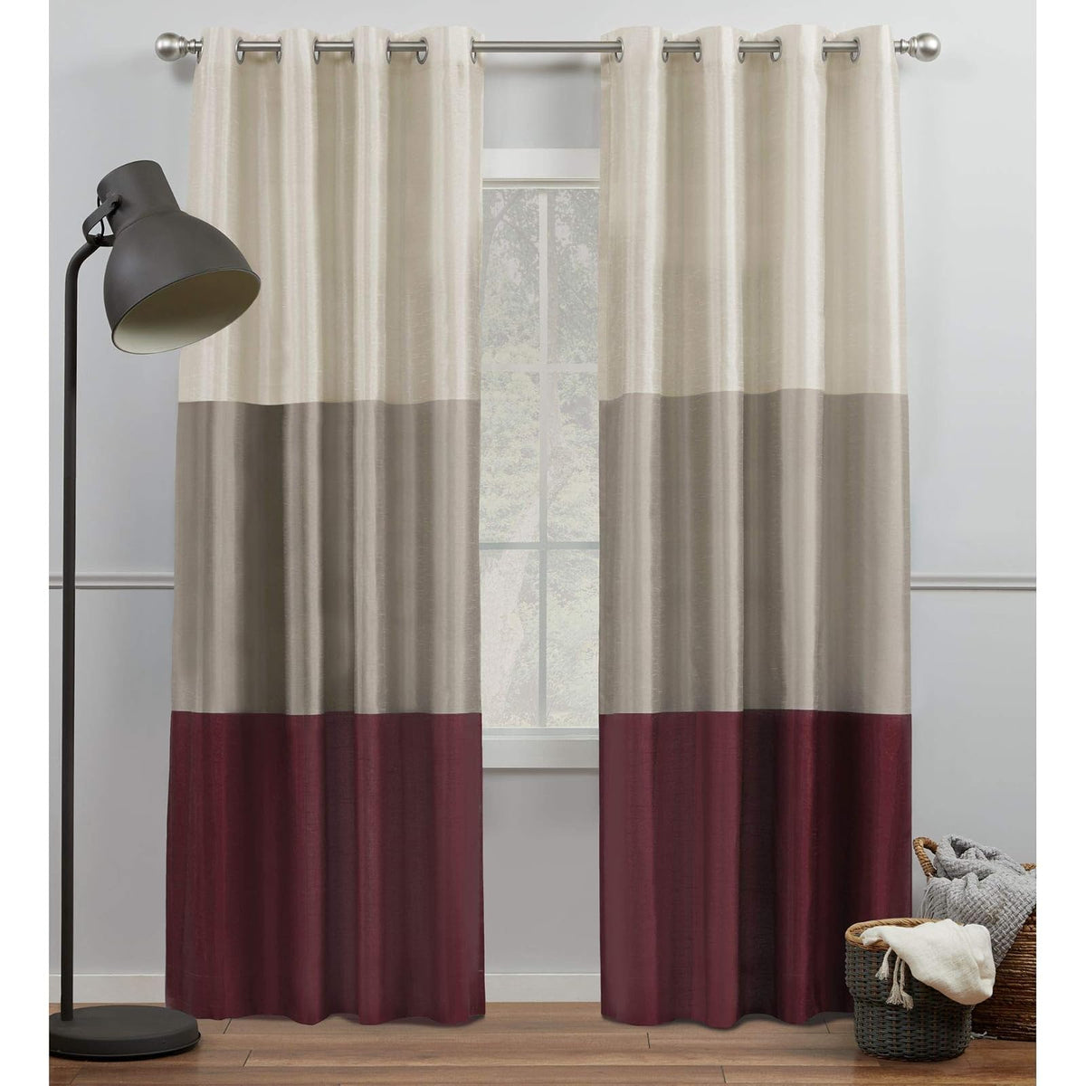 Exclusive Home Cortinas Chateau de Rayas en Seda Sintética con Ojales - Borgoña - Taupe - 137.2An x 243.8Al cm (2 Paneles)