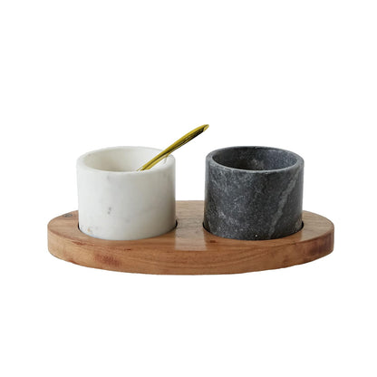 Creative Co-Op 2 cuencos de mármol sobre base de madera de mango con cuchara de sal