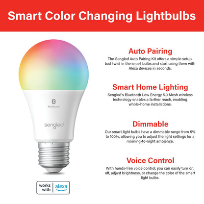Sengled Bombilla inteligente de malla Bluetooth que funciona solo con Alexa (bombillas inteligentes LED regulables), 800 lm, multicolor 2000 K-6500 K, 8,7 W (equivalente a 60 W), paquete de 4