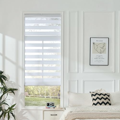 Joydeco - Mini persianas de cebra inalámbricas para ventanas, color blanco transparente filtrando la luz de privacidad de doble capa para puerta corredera de vidrio de recámara, 35 pulgadas de ancho x 75 pulgadas de alto