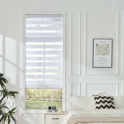 Joydeco - Mini persianas de cebra inalámbricas para ventanas, color blanco transparente filtrando la luz de privacidad de doble capa para puerta corredera de vidrio de recámara, 35 pulgadas de ancho x 75 pulgadas de alto